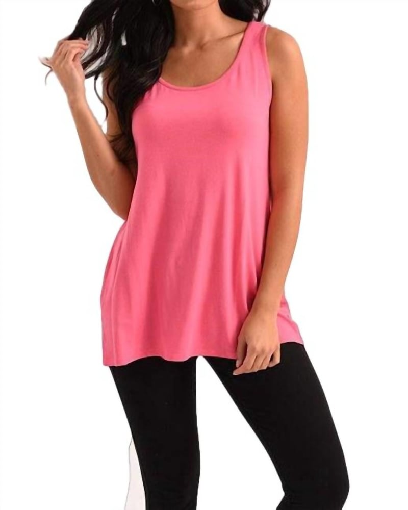 Front of a model wearing a size LG French Kyss Long Tank Top in Fuchsia in Fuchsia by french kyss. | dia_product_style_image_id:327565